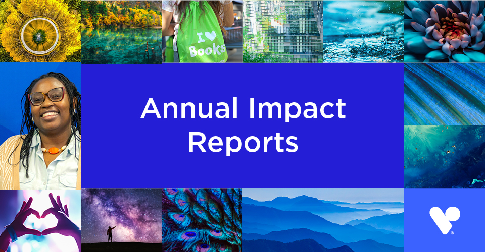 Text on a blue background that says, "Annual Impact Reports," with multicolored images of people and nature below