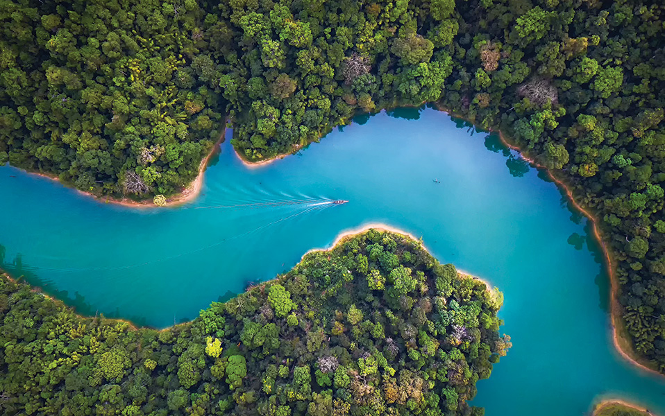 A bright blue river curves through a lush green forest. A small boat on the river leaves ripples in its wake.