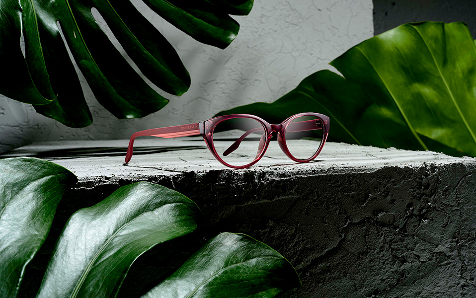 Burgundy eyeglass frames with a Converse logo sit atop a black stone and are flanked by vibrant green leaves from a tropical plant.