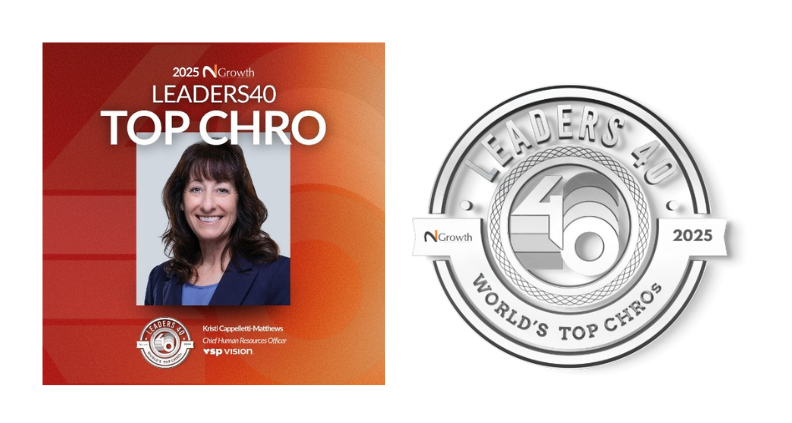 Graphic design of Kristi Cappelletti-Matthews headshot of her smiling and facing the camera next to the 2025 World's Top CHROs logo