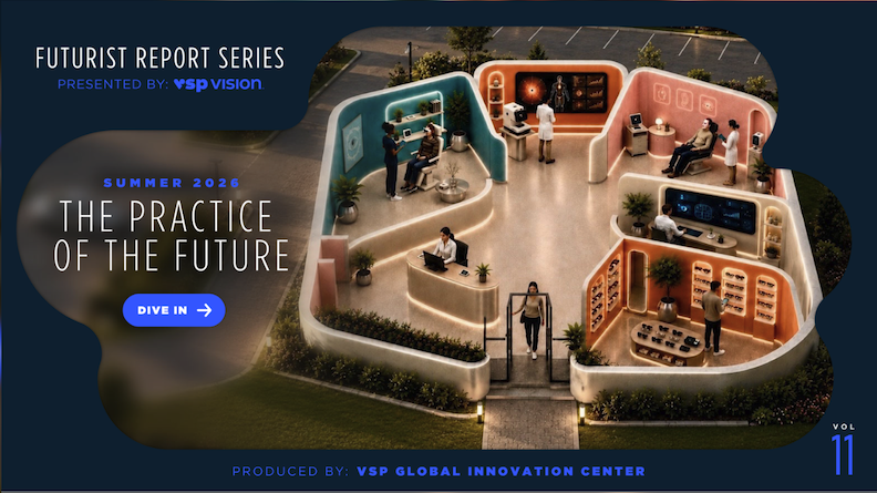 VSP Vision' s "The Practice of the Future" Futurist Report created by the Global Innovation Center. The illustration features the different rooms inside of an eye care practice. 