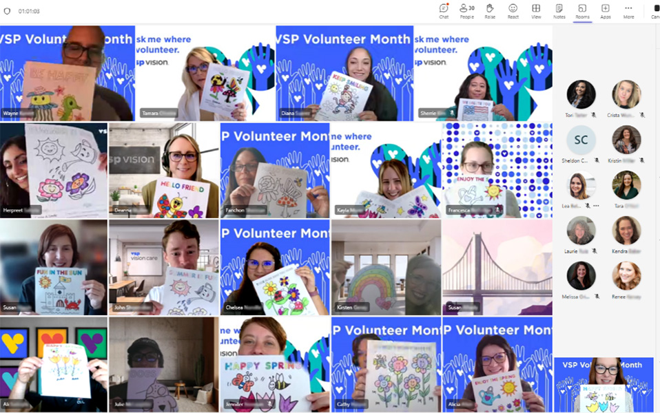 Screenshot of 20+ employees attending a Teams meeting and holding up the pages they colored together through Color-A-Smile