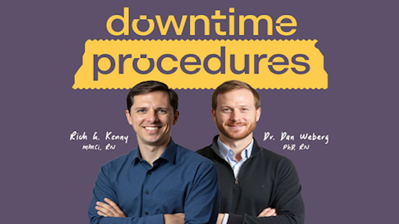 Downtime Procedures podcast hosts standing in front of logo. 