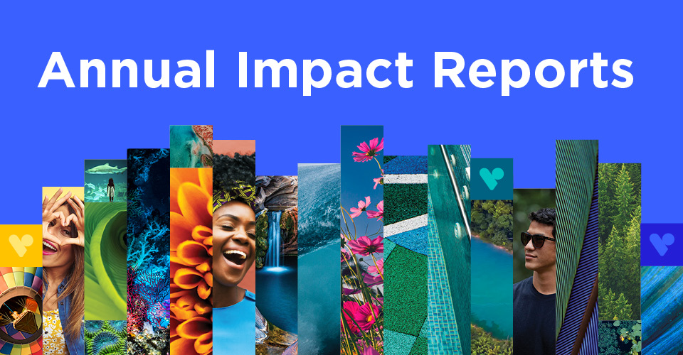 Text on a blue background that says, "Annual Impact Reports," with multicolored images of people and nature below